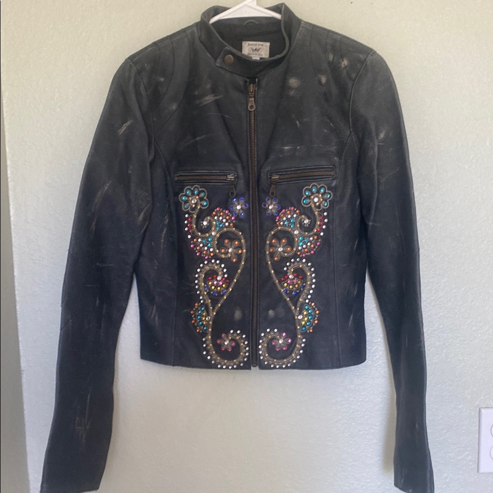 Stylish Black Leather Jacket with Colorful Embellishments